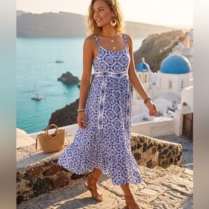 Patrons of Peace Blue White boho floral rayon sundress Midi Cottagecore Dress XL